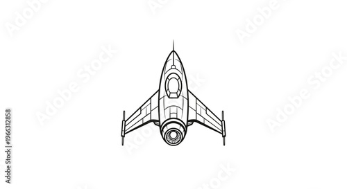 Futuristic Spaceship Outline Vector Illustration. Top View Sci-Fi Spacecraft Line Art Drawing for Cosmic Exploration