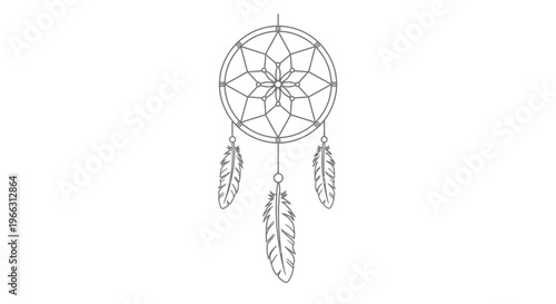 Dreamcatcher line art illustration, spiritual good dreams symbol, minimalist outline icon with feathers, vector graphic on white background.