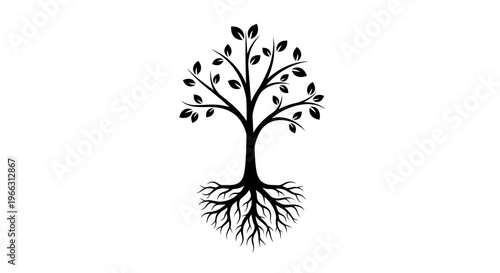 Black silhouette of a strong tree with visible roots, symbolizing growth, nature, and stability. Isolated graphic design element.