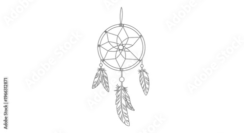 Boho Style Dreamcatcher Line Art Illustration. Minimalist Black Outline Drawing on White Background. Spiritual Symbol, Talisman, Graphic Element.