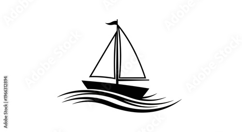 Elegant black and white sailboat vector illustration with wavy water. Minimalist graphic art of a yacht, sailing boat icon on ocean waves.