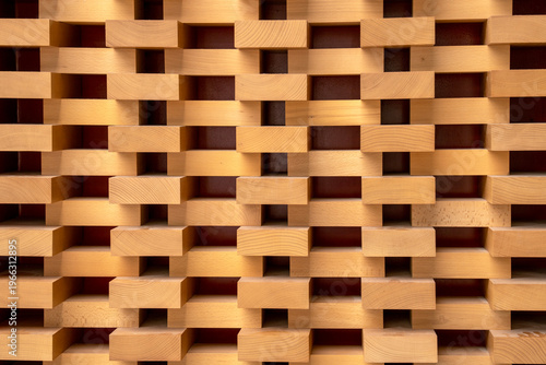 Fotografía Abstract architectural wood wall with a repetitive geometric pattern of blocks