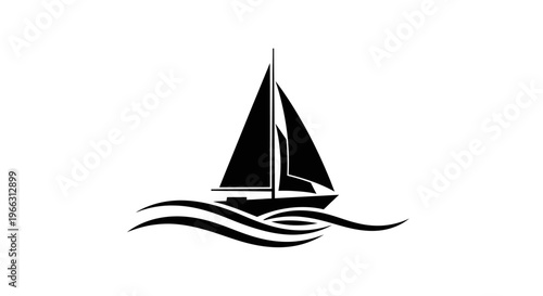 Vector Silhouette of a Sailboat on Water Waves, Nautical Leisure Symbol, Marine Travel Concept Icon