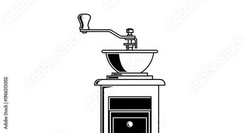 Vintage Manual Coffee Grinder Illustration. Old-fashioned hand crank mill for grinding roasted coffee beans, retro kitchen appliance.