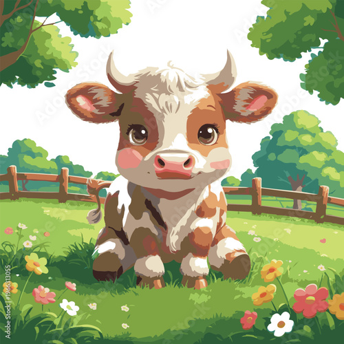 Cow eating grass, cute farm sticker 1