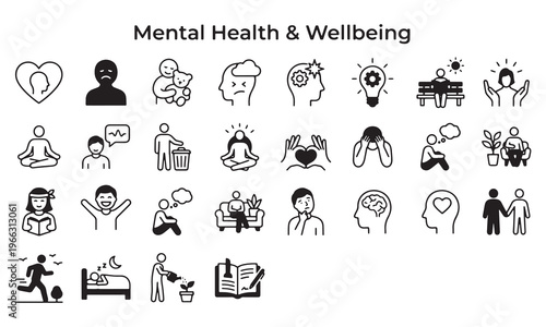 Collection of icons representing mental health and wellbeing activities