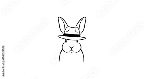 Minimalist black and white line art illustration of a cute rabbit wearing a stylish fedora hat, whimsical animal drawing