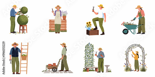 Collection of flat vector illustrations depicting people of various ages engaged in gardening activities like pruning, harvesting, and planting in outdoor garden settings.