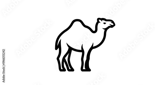 Minimalist black line art illustration of a dromedary camel. Desert animal icon, simple vector graphic silhouette for design.