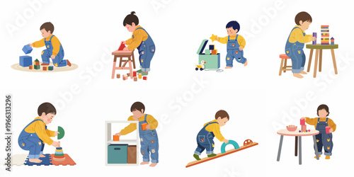 Set of Illustrations Showing a Toddler Engaged in Various Play and Learning Activities with Wooden Blocks, Toys, and Furniture