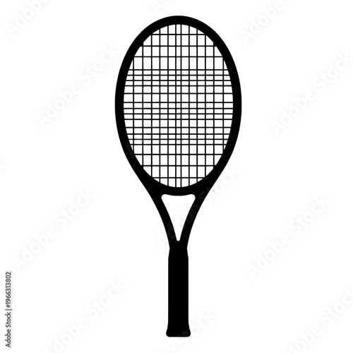 A black tennis racket is shown on a white background