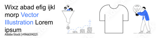 Marketing analytics, productivity, e-commerce, creative ideas, clothing design, business strategies. A funnel with icons, T-shirt outline person holding light bulb. Marketing analytics