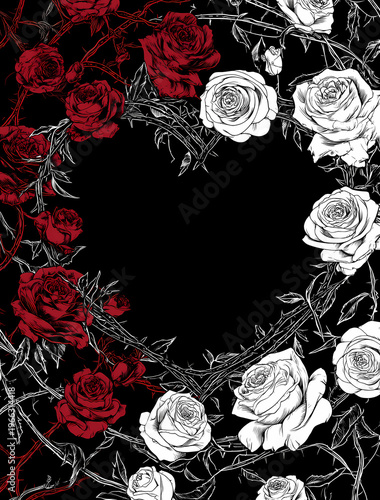 Red and white roses with thorny vines framing a heart shape on black background