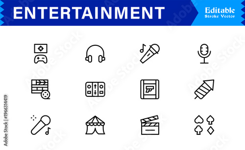 Entertainment Line Icon Collection Unique Minimalist Designs for Media, Gaming, and Streaming