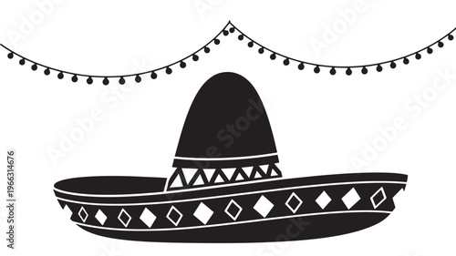 Black sombrero hat with geometric patterns and decorations under festive string lights for Cinco de Mayo celebration Transparent Background