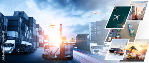 Global business of Container Cargo freight train for Business logistics concept, Air cargo trucking, Rail transportation and maritime shipping, Online goods orders worldwide