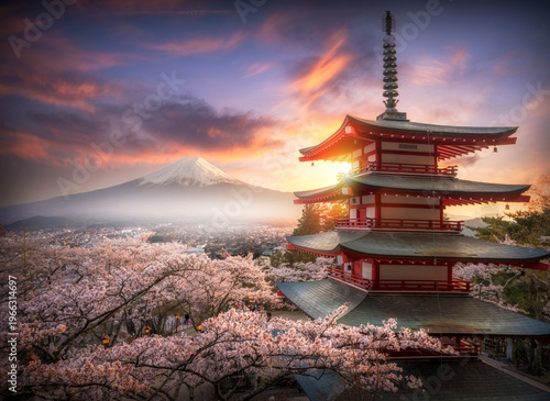 Fujiyoshida, Japan Beautiful view of mountain Fuji and Chureito pagoda at sunset, japan in the spring with cherry blossoms