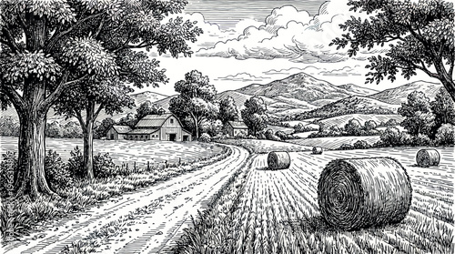A serene rural scene featuring a winding dirt road and harvested hay bales, evoking a sense of calm and tranquility