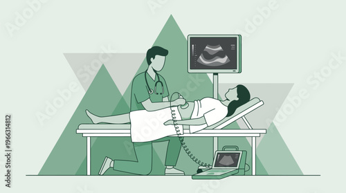 An Illustration of a doctor performing an ultrasound on a patient. This scene captures a moment of medical care