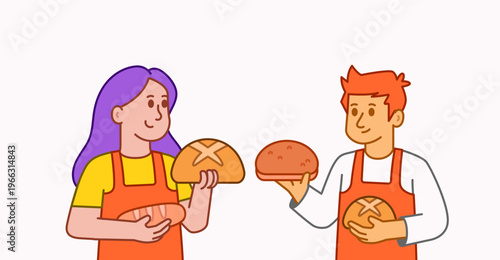 Bakers holding fresh bread and buns in flat cartoon illustration