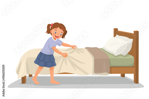 Little girl making bed in the morning