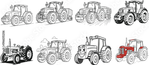 Tractor illustration set featuring vintage and modern farm machinery in detailed line art and cartoon styles for agriculture and rural vector design