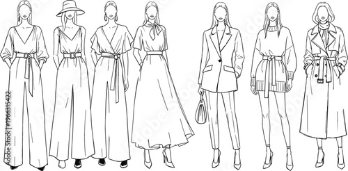 Women fashion outline illustration set featuring elegant outfits, coats, dresses, and modern street style looks in minimalist line art vector design