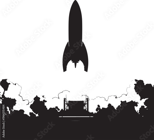 Black silhouette of rocket launching into sky with smoke and trees in for business success Transparent Background