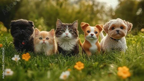 various fluffy dog and cat friends are sitting on the green grass in a sunny spring meadow