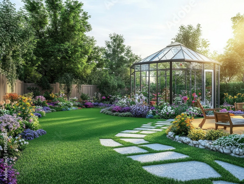 Luxury colorful backyard garden with glasshouse 3d render there are green lawn