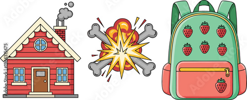 Vector illustration set featuring cozy house with chimney smoke, cartoon explosion symbol with bones, and strawberry patterned school backpack isolated icons collection