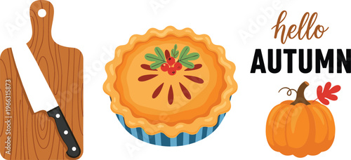 Autumn vector illustration set with pumpkin pie dessert, hello autumn typography, pumpkin icon, and wooden cutting board with kitchen knife