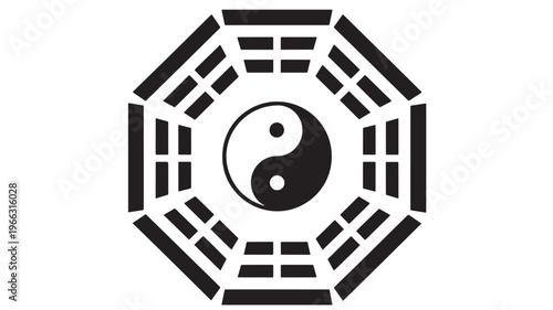 Yin yang symbol in octagonal Chinese lattice pattern on in monochromatic minimalist style for spirituality and wellness branding Transparent Background