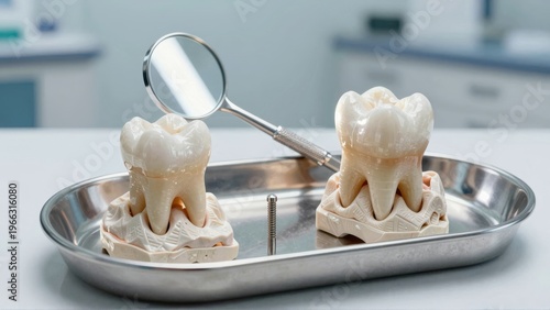 Dental implant tray with teeth or Silver tray holding dental implants or Two artificial teeth on a tray
