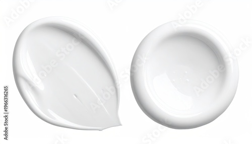 Close-up of two creamy white skincare product swatches on a plain white background