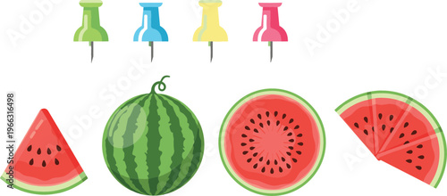 Watermelon fruit vector set with whole watermelon, sliced pieces, half cut watermelon and colorful push pins isolated on light background illustration collection