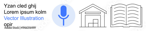 Speech recognition, digital libraries, education, online resources, voice command, and smart learning. Microphone icon, house and open book illustration. Speech recognition and digital libraries