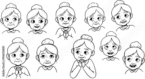 Bild auf Leinwand Black and white line art set of an elderly woman's diverse facial expressions an