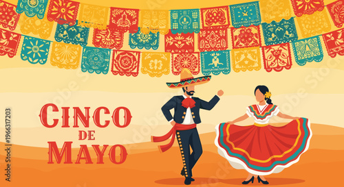 Vibrant festive illustration with traditional dancers and decorative flags celebration art