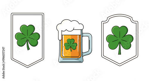 St Patrick's Day themed illustrations featuring shamrocks and a beer mug