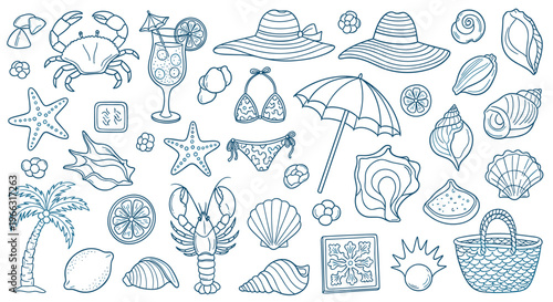 Coastal Essentials Hand-Drawn Doodle Pattern: Beach Vacation Items and Marine Life