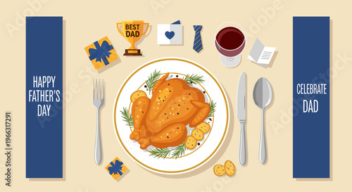 Father's Day Celebration with Roast Meal Gifts and Utensils Top View