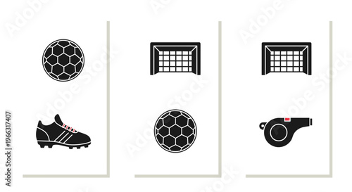 Minimalist Soccer Equipment Icons: Goal Whistle Ball and Shoe Collection
