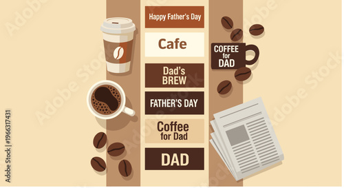 Illustration with coffee items coffee beans and newspaper for morning routine