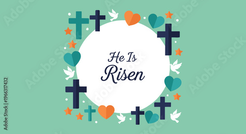 Inspiring He Is Risen Easter Cross Design with Doves and Hearts
