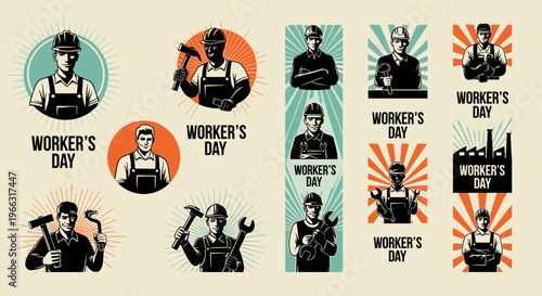 Collage of different workers with tools and hard hats on various colorful badges