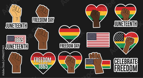 Vibrant freedom day stickers on a black background celebrate emancipation holiday