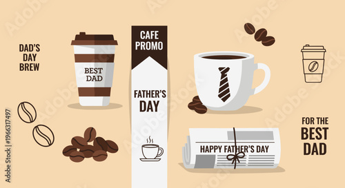 A collection of coffee-related items with heartfelt messages for fathers and promotions