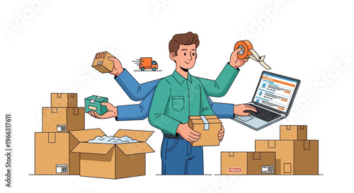 Small Business Owner Activity – Online Shop Packing and Delivery Cartoon Vector Illustration