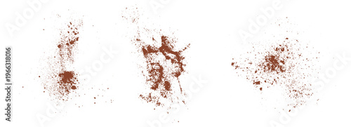 Horizontal set of cinnamon powder splatters isolated on white background. Brown spice dust stains and particles. Grunge overlay texture elements.